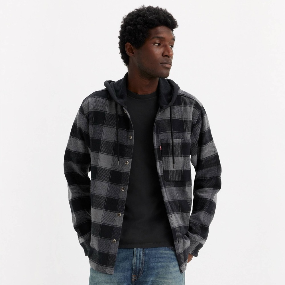 Levi’s Heavyweight Hooded Flannel Shirt Black Grey Mens XL